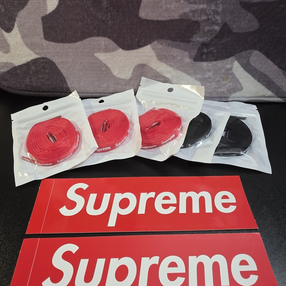 Supreme Red and Black Shoelaces with Supreme Stickers You Get All You See